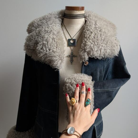 70s Vintage Blue Suede Penny Lane Fur Coat Leather Jacket Trench Boho Medium - Picture 3 of 11